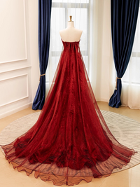 A-Line Organza Burgundy Long Prom Dress, Burgundy Long Evening Dress