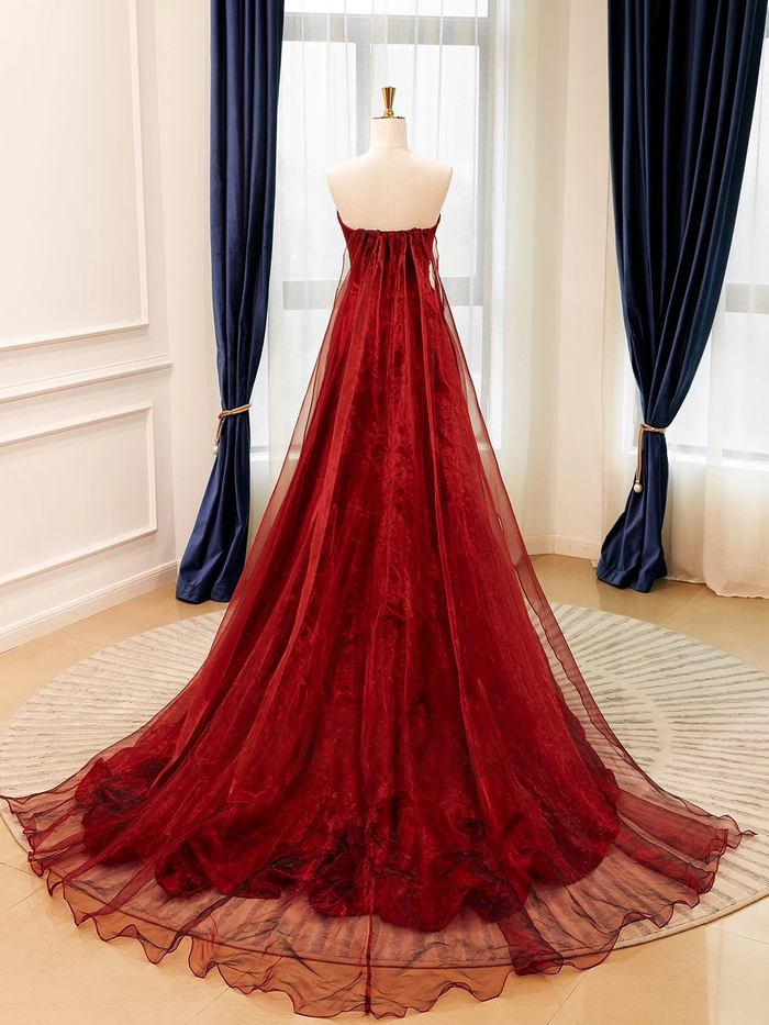 A-Line Organza Burgundy Long Prom Dress, Burgundy Long Evening Dress