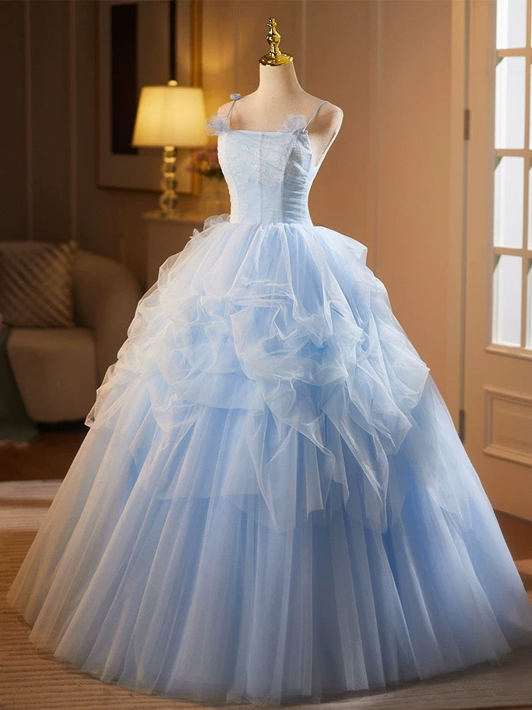 A-Line Tulle Lace Blue Long Prom Dress, Blue Long Sweet 16 Dress