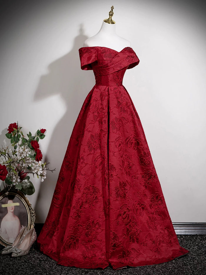 A-Line Off Shoulder Satin Dark Red Long Prom Dress, Dark Red Long Evening Dress