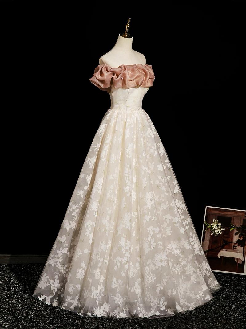 Champagne A-Line Lace Long Prom Dress, Champagne Long Evening Dress