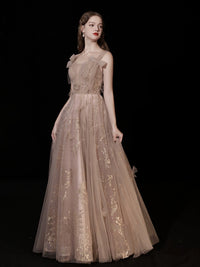 A-Line Champagne Tulle Lace Long Prom Dress, Champagne Long Evening Dress