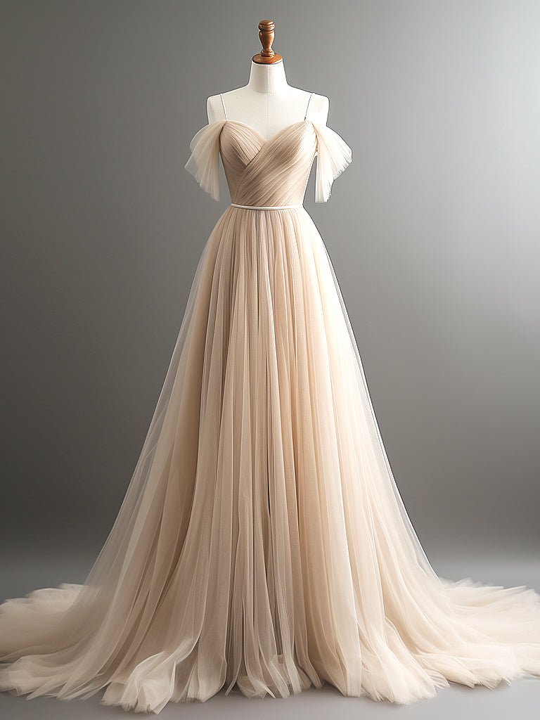 A-Line Off Shoulder Champagne Tulle Long Prom Dress, Champagne Long Ev