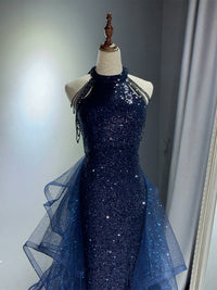 Unique High Neck Tulle Sequin Dark Blue Long Prom Dress with Beads