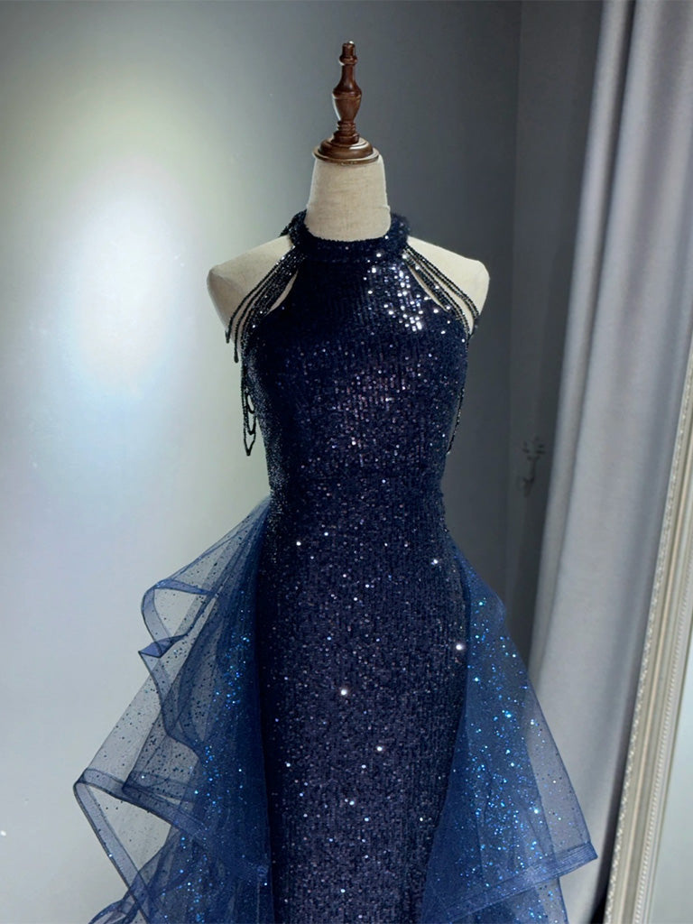 Unique High Neck Tulle Sequin Dark Blue Long Prom Dress with Beads – toptby