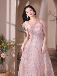 A-Line Sweetheart Neck Tulle Lace Pink Long Prom Dress, Pink Long Formal Dress