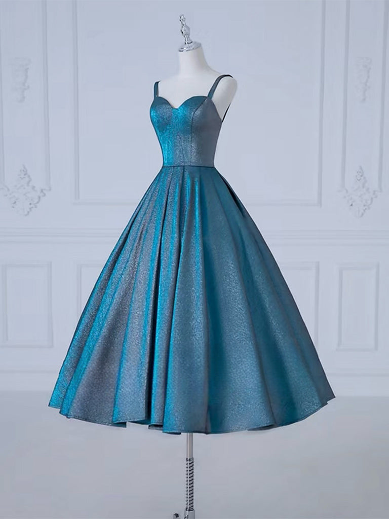 A-Line Sweetheart Neck Satin Tea Length Blue Prom Dress, Blue Formal Dress A-Line Sweetheart Neck Satin Tea Length Blue Prom Dress, Blue Formal Dress