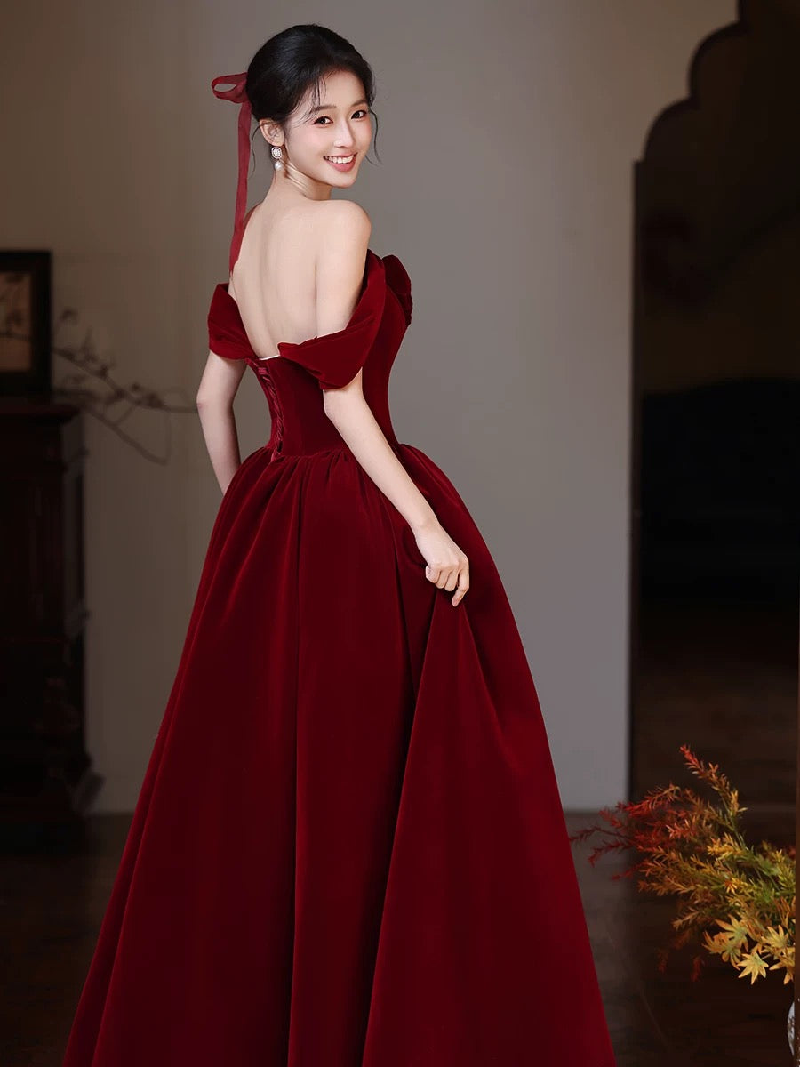 A-line Sweetheart Neck Off Shoulder Floor Length Burgundy Prom Dress