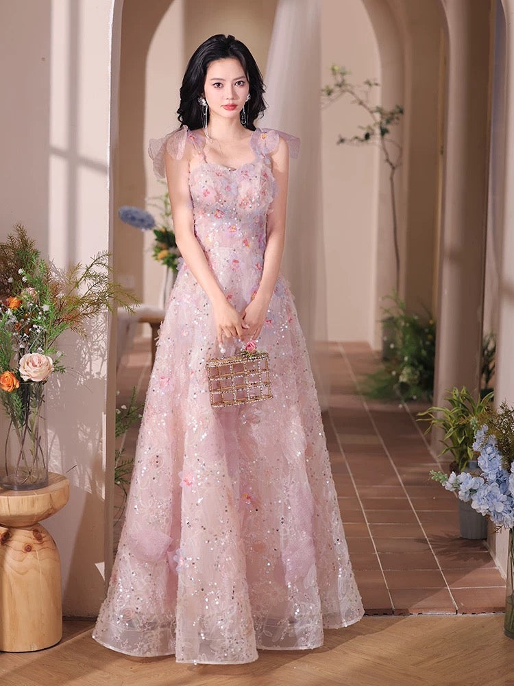 A-Line Sweetheart Neck Tulle Lace Pink Long Prom Dress, Pink Long Formal Dress