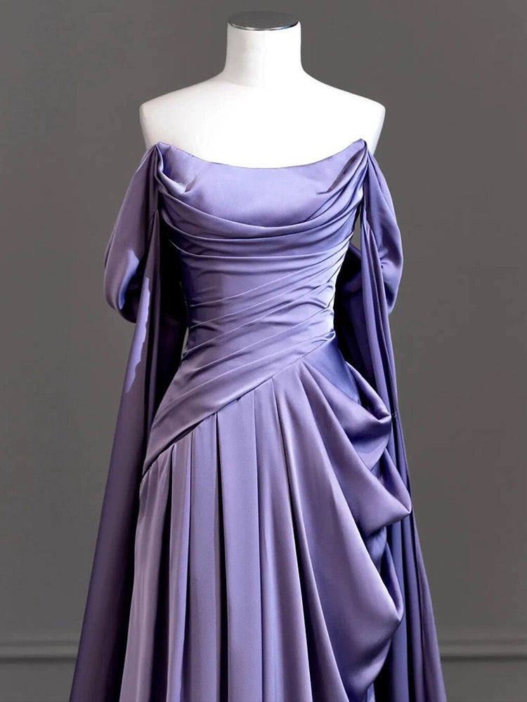 A-Line Off Shoulder Satin Purple Long Prom Dress, Purple Long Formal Dress