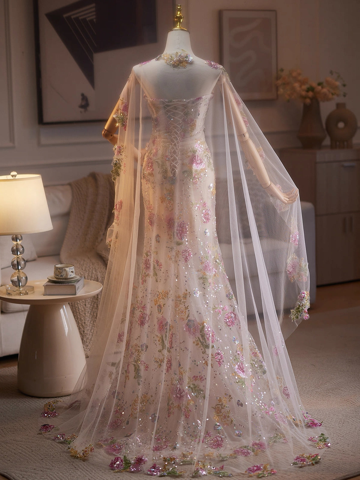 Mermaid Tulle Lace Champagne Long Prom Dress, Champagne Evening Dress