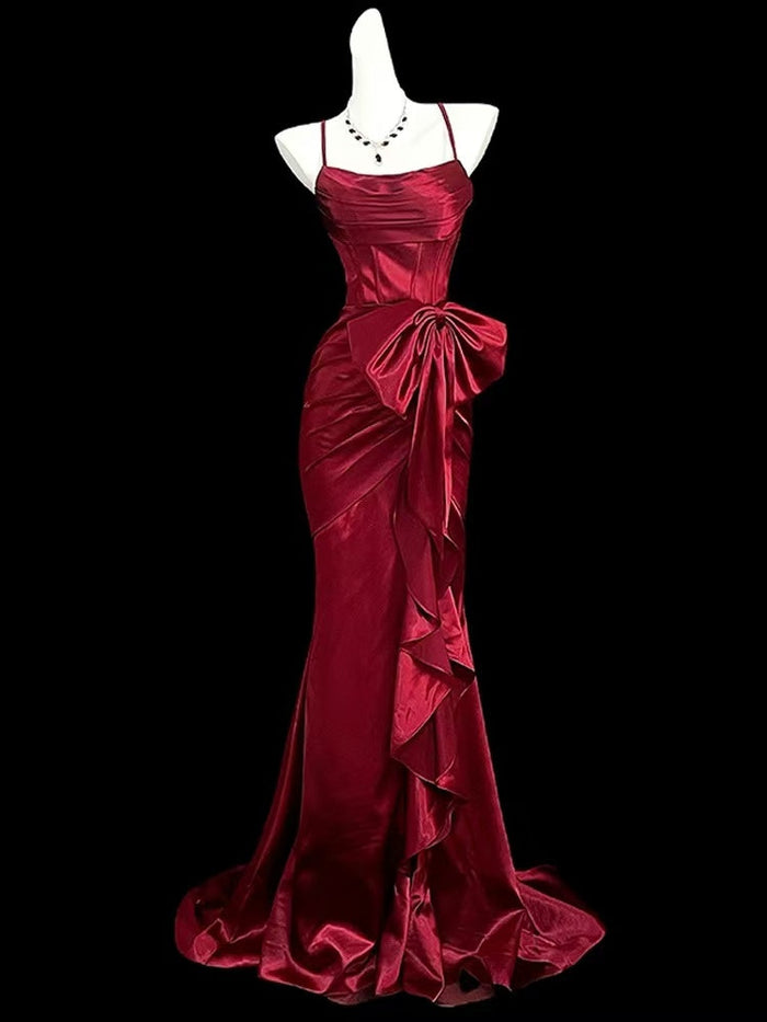 Mermaid Satin Burgundy Long Prom Dress, Burgundy Party Dress
