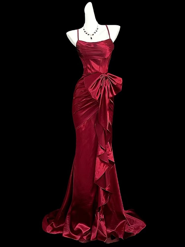 Mermaid Satin Burgundy Long Prom Dress, Burgundy Party Dress