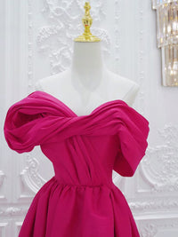 A-Line Off Shoulder Satin Rose Red Long Prom Dress, Rose Red Long Evening Dress