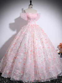 A-Line Tulle Lace Pink Long Prom Dress, Pink Long Evening Dress