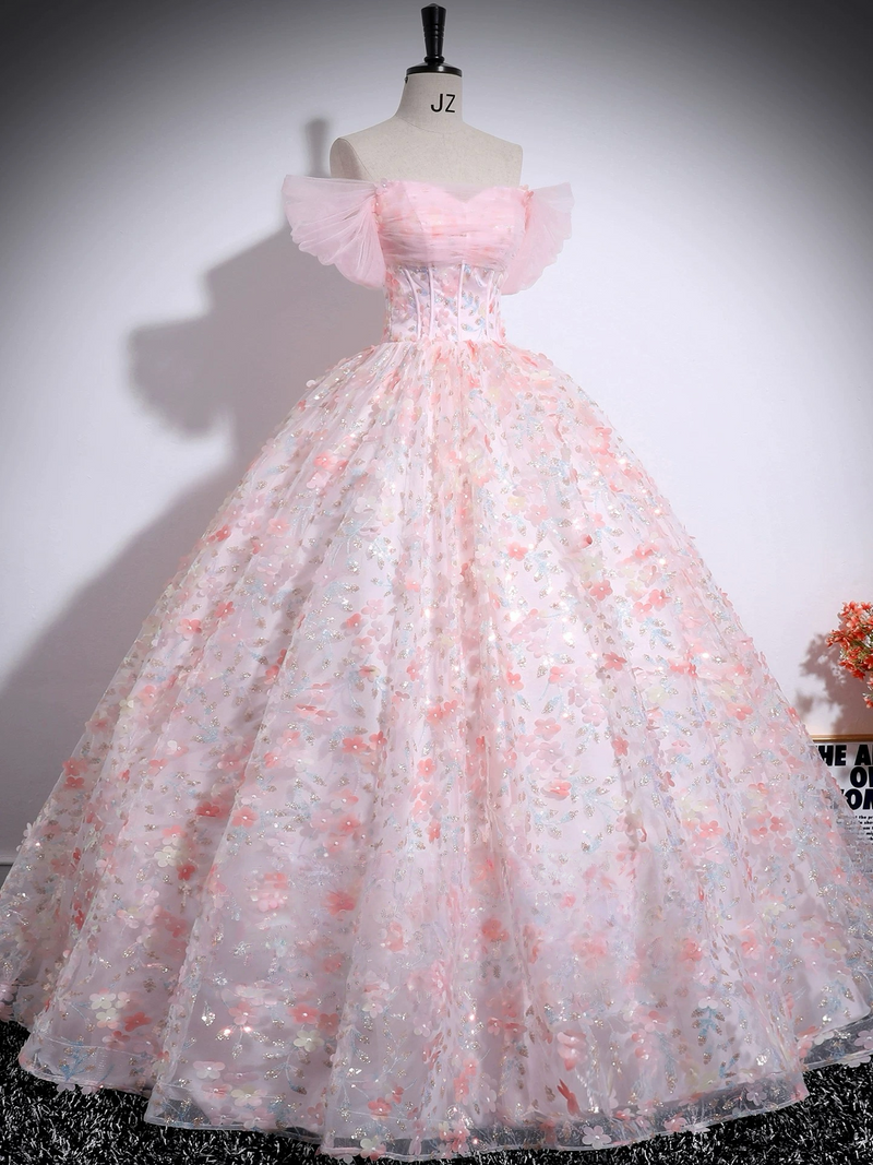 A-Line Tulle Lace Pink Long Prom Dress, Pink Long Evening Dress