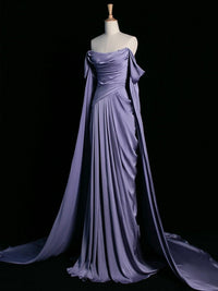 A-Line Off Shoulder Satin Purple Long Prom Dress, Purple Long Formal Dress