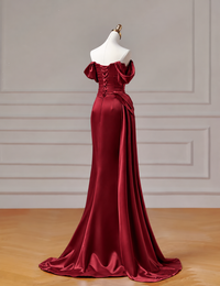 Mermaid Off Shoulder Satin Burgundy Long Prom Dress with Beads