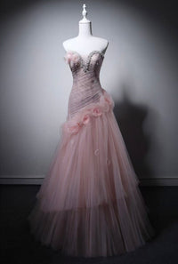 Unique Sweetheart Tulle Long Pink Prom Dress with Beads