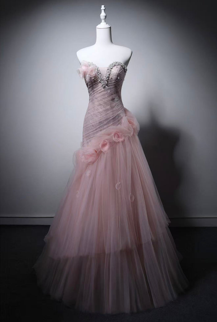 Unique Sweetheart Tulle Long Pink Prom Dress with Beads