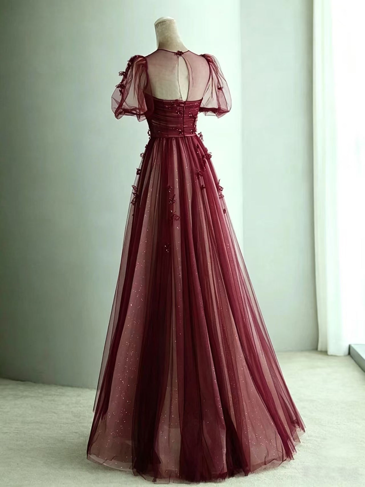 A-Line Spoon Neck Tulle Lace Floor Length Burgundy Prom Dress