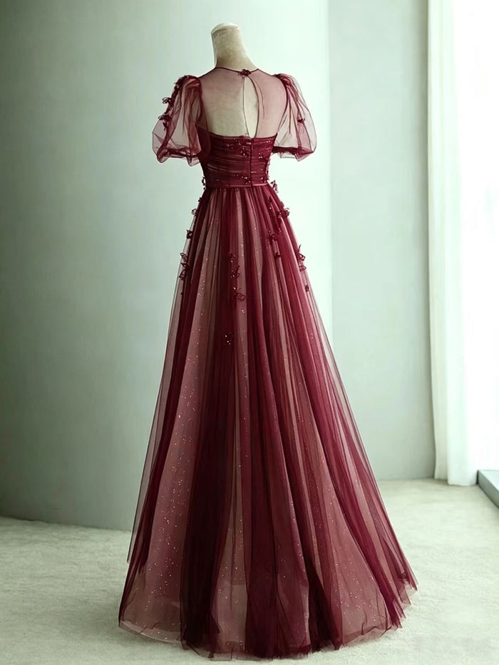 A-Line Spoon Neck Tulle Lace Floor Length Burgundy Prom Dress