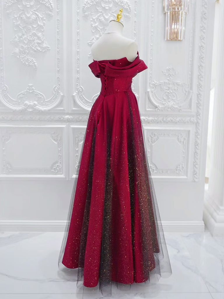 A-Line Off Shoulder Tulle Satin Burgundy Long Prom Dress – toptby