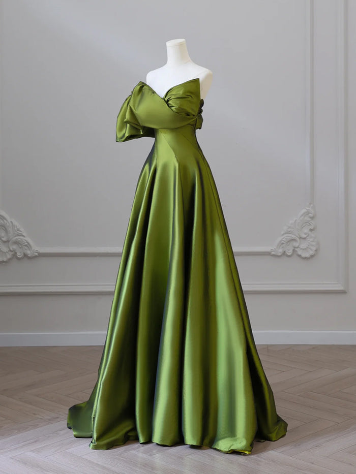 A- Line V Neck Satin Green Long Prom Dress, Green Long Formal Dress