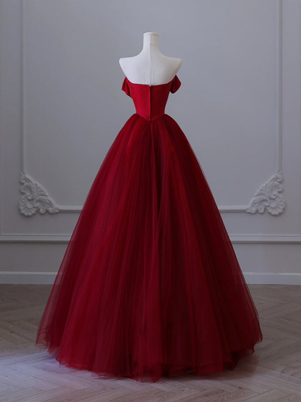 A-Line Tulle Burgundy Long Prom Dresses, Burgundy Formal Party Dress     fg2234