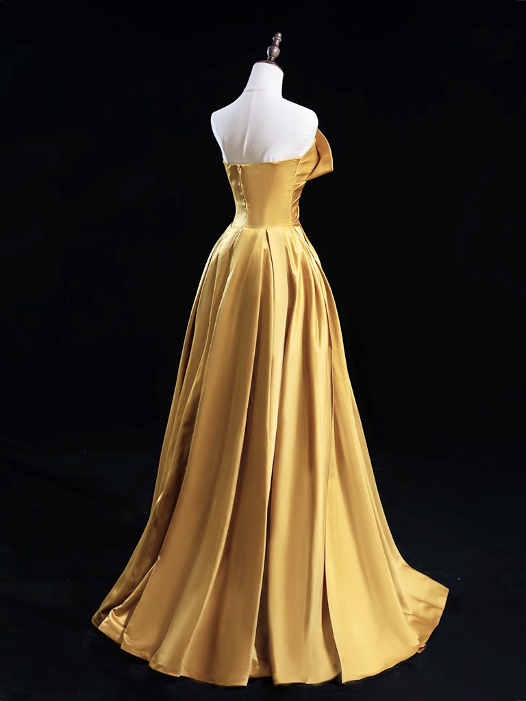 A-Line Satin Gold Long Prom Dress, Gold Long Formal Dress