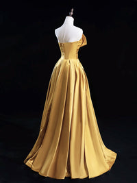 A-Line Satin Gold Long Prom Dress, Gold Long Formal Dress