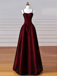 A-Line Sweetheart Neck Satin Burgundy Long Prom Dress, Burgundy Long Formal Dress