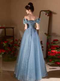 A-Line Sweetheart Neck Tulle Lace Gray Blue Long Prom Dress, Gray Blue Formal Dress