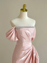 Pink A-Line Satin Long Prom Dress, Off Shoulder Pink Long Evening Dress