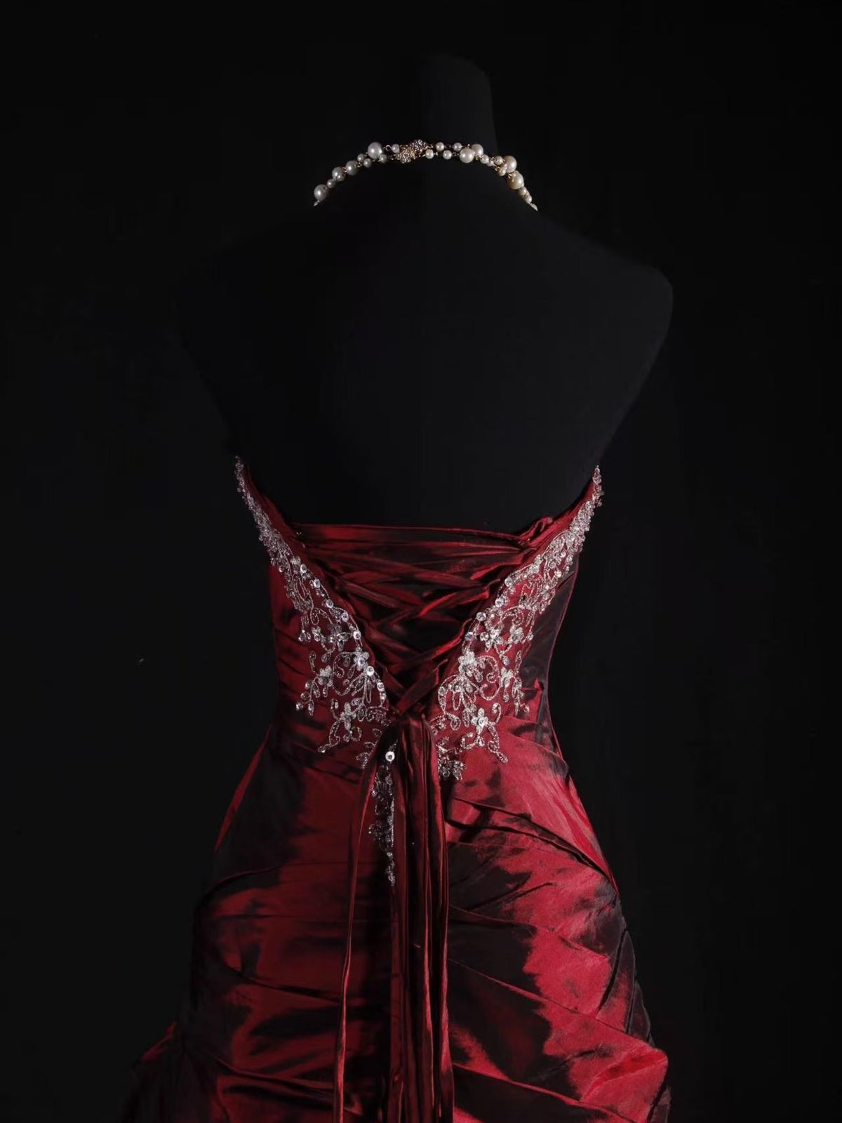 A-line Taffeta Lace Sequin Burgundy Long Prom Dress, Burgundy Long Formal Dress
