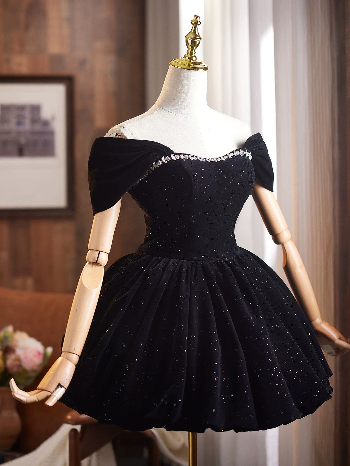 Off Shoulder A-Line Velvet Black Prom Dress, Black Homecoming Dress
