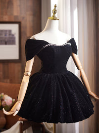 Off Shoulder A-Line Velvet Black Prom Dress, Black Homecoming Dress