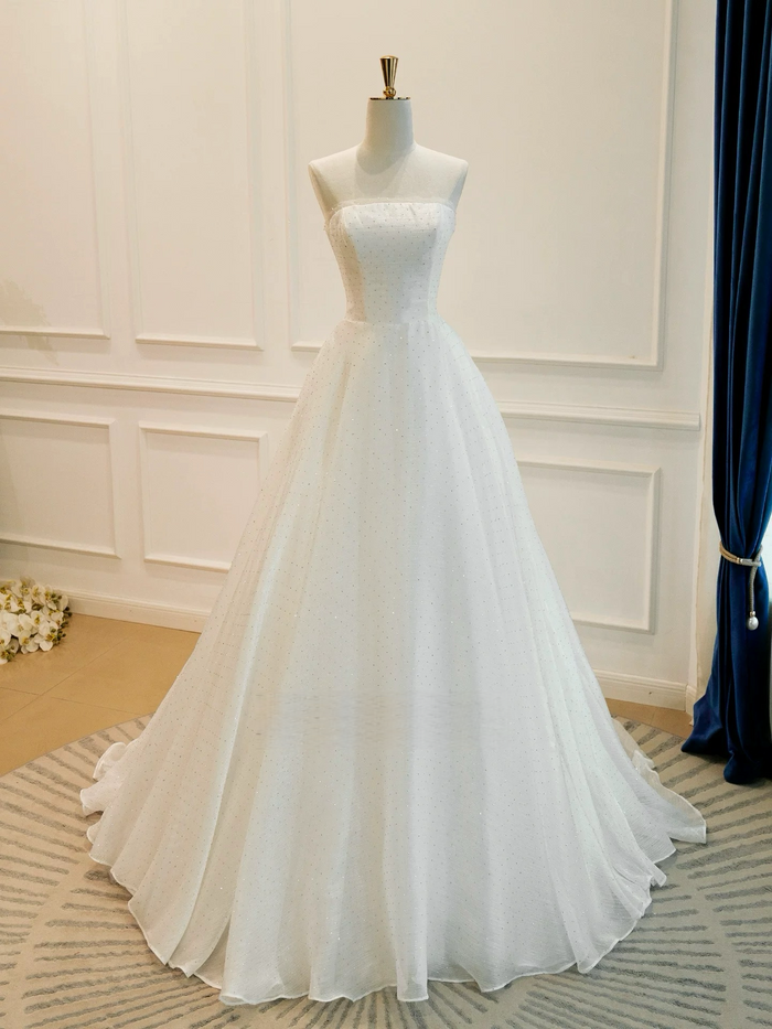 A-Line Organza White Long Prom Dress, White Long Evening Dress