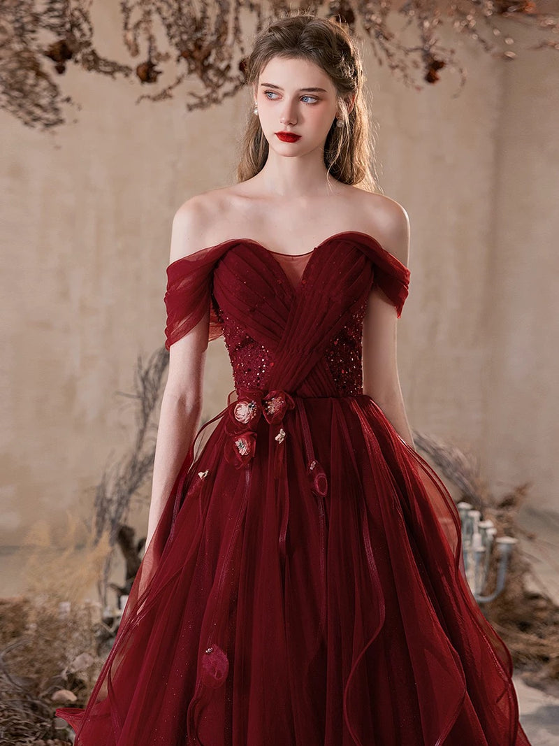 A-Line Off Shoulder Tulle Burgundy Long Prom Dress, Burgundy Long Even – toptby