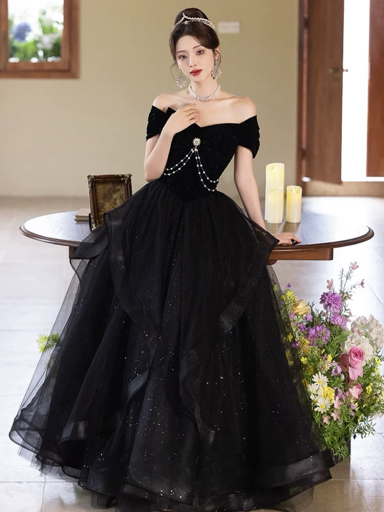A-Line Off Shoulder Tulle Velvet Black Long Prom Dress, Black Evening toptby A-Line Off Shoulder Tulle Velvet Black Long Prom Dress, Black Evening toptby