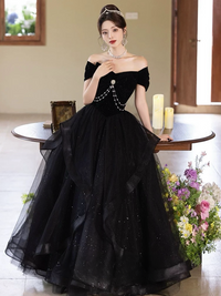 A-Line Off Shoulder Tulle Velvet Black Long Prom Dress, Black Evening Dress