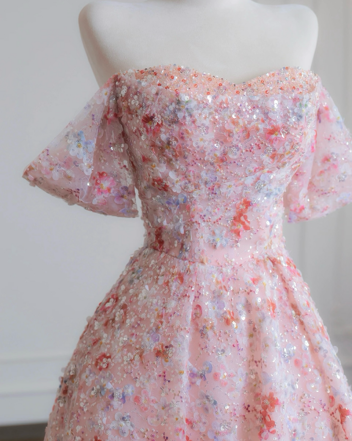 A-Line Off Shoulder Tulle Sequin Pink Long Prom Dress, Pink Long Evening Dress
