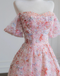 A-Line Off Shoulder Tulle Sequin Pink Long Prom Dress, Pink Long Evening Dress