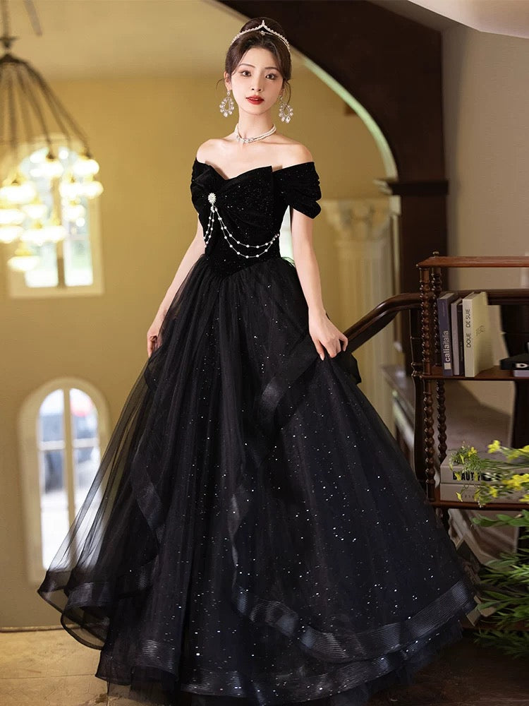 A-Line Off Shoulder Tulle Velvet Black Long Prom Dress, Black Evening Dress