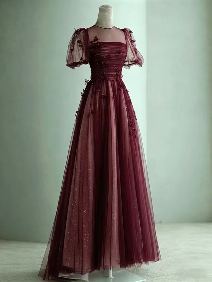 A-Line Spoon Neck Tulle Lace Floor Length Burgundy Prom Dress