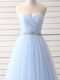 A-Line Sweetheart Neck Tulle Blue Long Prom Dress, Blue Long Bridesmaid Dress