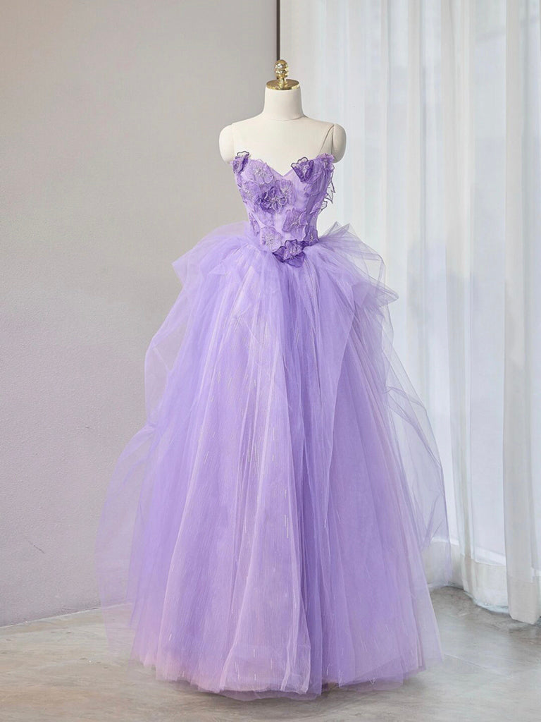 Purple Sweetheart Neck Tulle Applique Long Prom Dress, Purple Long Sweet 16 Dress