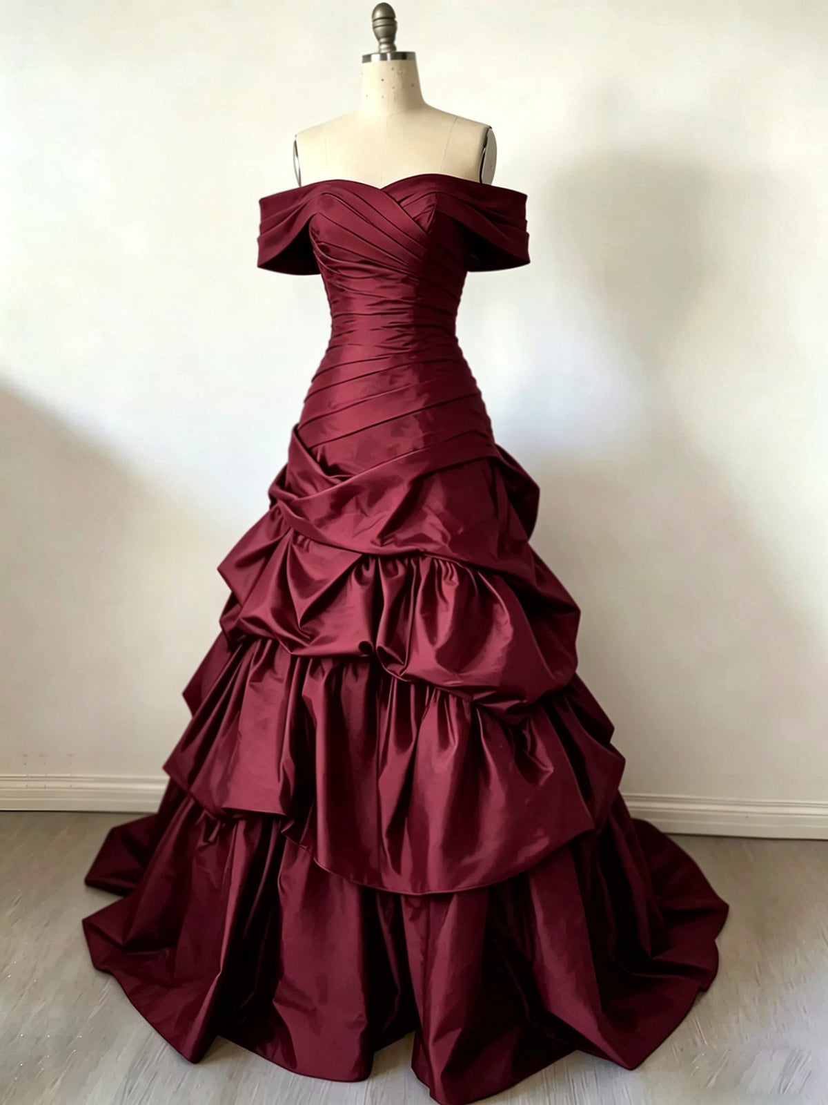 A-line Off Shoulder Satin Floor Length Burgundy Prom Dress