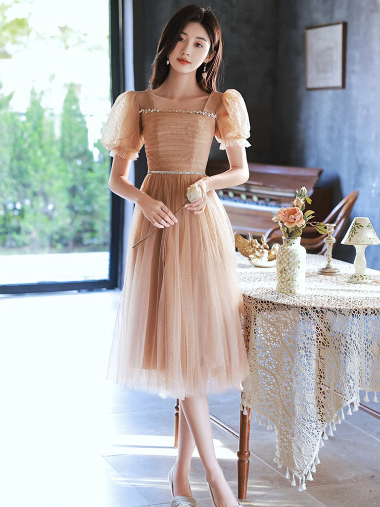 A-Line  Champagne Tulle Short Prom Dress, Champagne Homecoming Dress