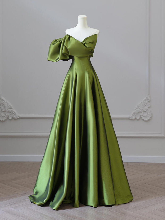 A- Line V Neck Satin Green Long Prom Dress, Green Long Formal Dress